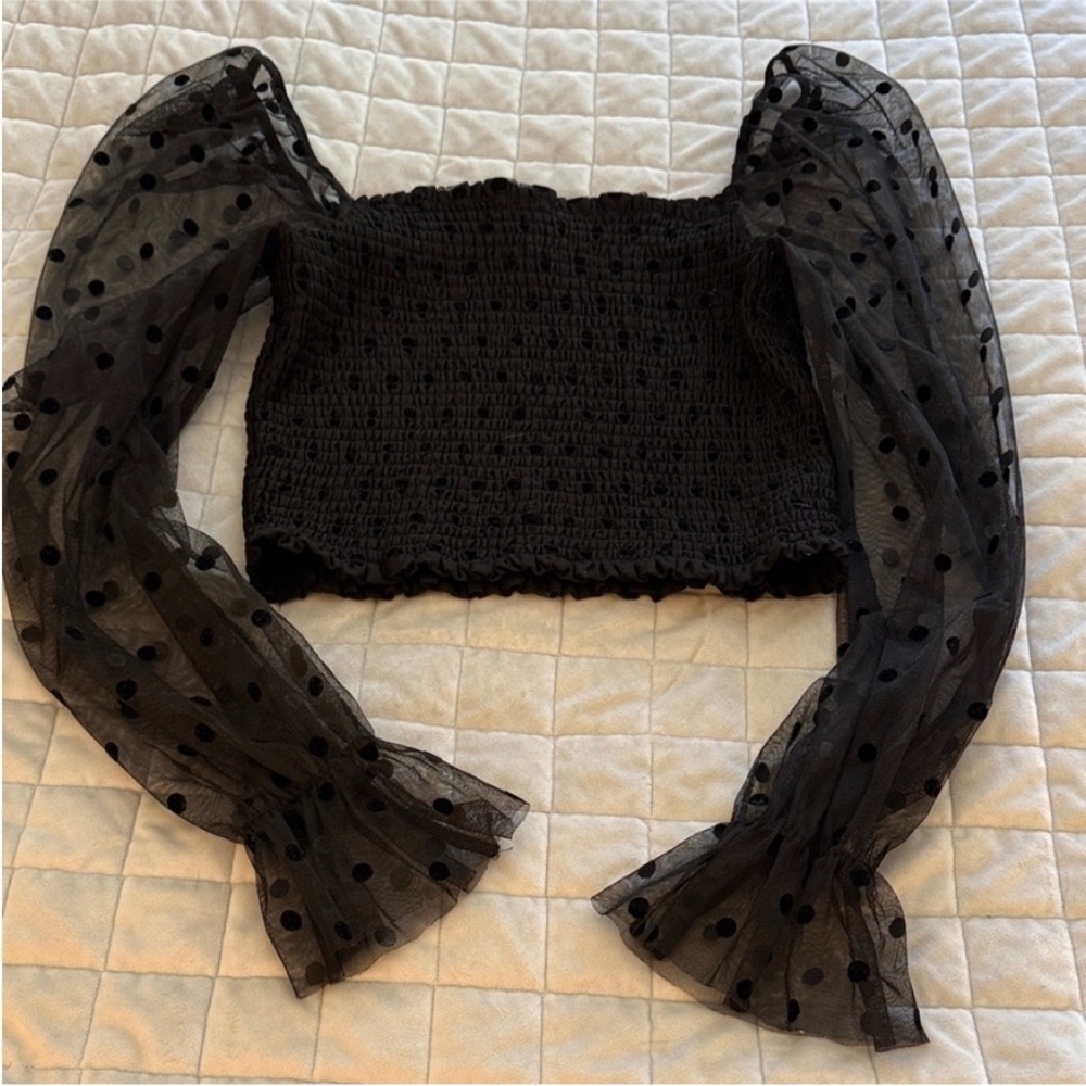 Forever 21 Black Smocked Crop Top with Mesh Trim